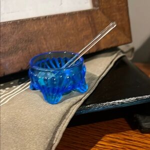 Very nice condition vintage Imperial glass footed salt dish with spoon.